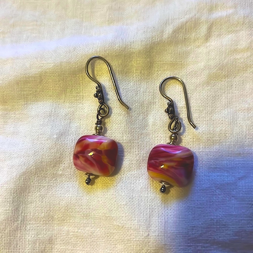 Glass Bead & SS Earrings Pink/White/Purple Swirl
